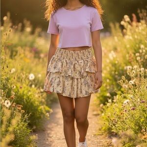 Aerie Boho Floral Ruffle Mini Skirt - Cream and Blue